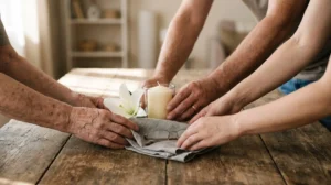Mains de plusieurs membres d'une famille organisant ensemble des objets symboliques sur une table en bois, dans une lumière douce, évoquant la coordination collective pendant les obsèques.