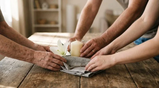 Mains de plusieurs membres d'une famille organisant ensemble des objets symboliques sur une table en bois, dans une lumière douce, évoquant la coordination collective pendant les obsèques.