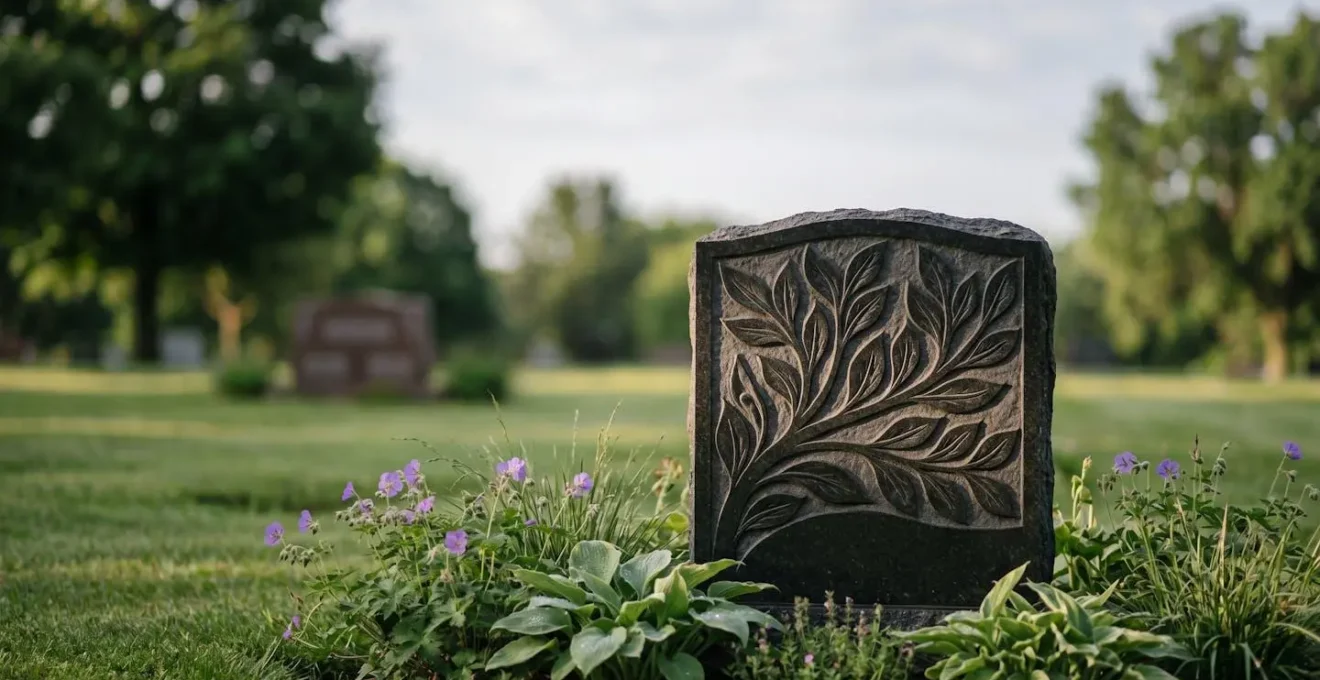 Stèle funéraire en granit sombre gravée d'un motif végétal délicat, éclairée par une lumière douce du matin dans un cimetière paisible.