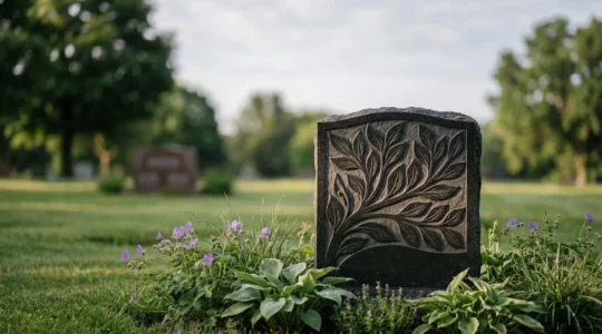 Stèle funéraire en granit sombre gravée d'un motif végétal délicat, éclairée par une lumière douce du matin dans un cimetière paisible.