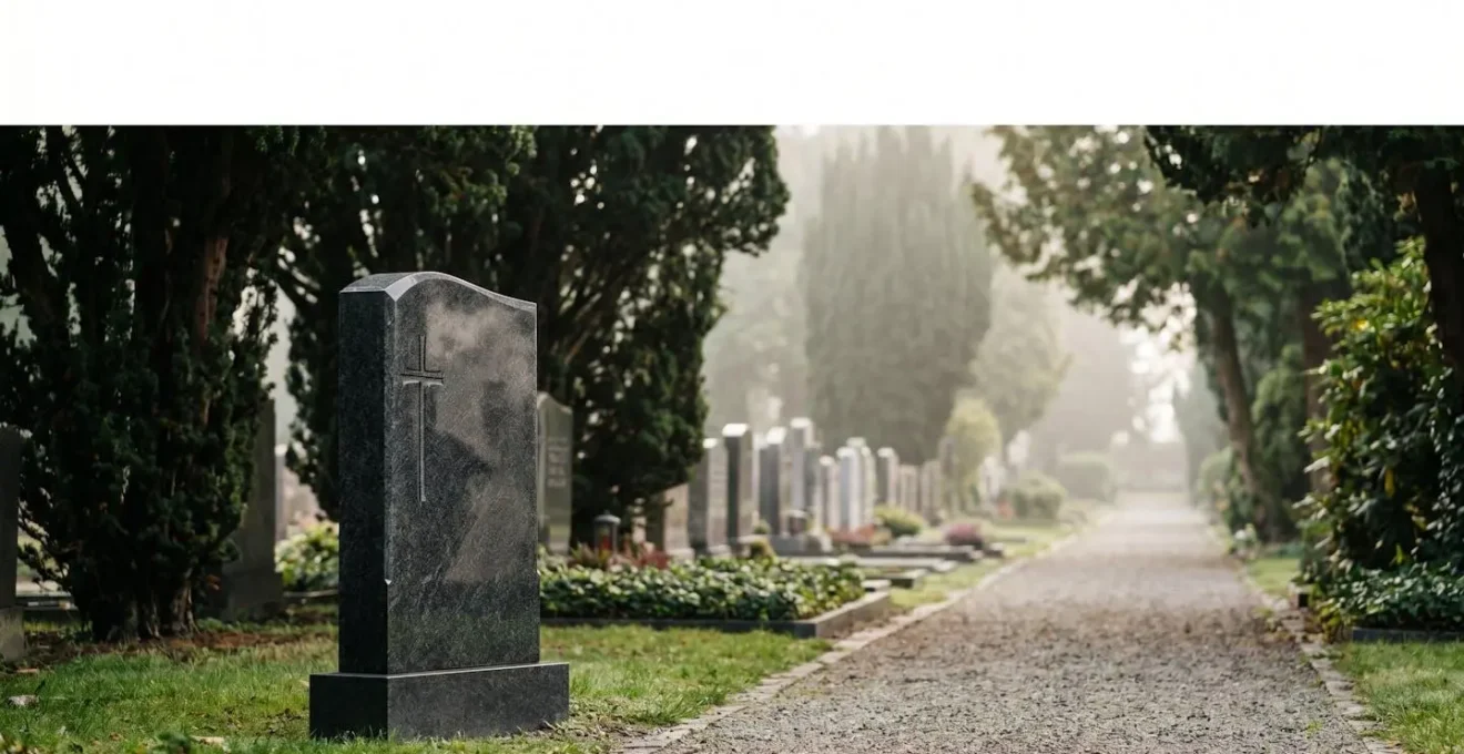 Pierre tombale traditionnelle en granit sombre dans un cimetière paisible, entourée de verdure, illustrant un choix intemporel en 2024
