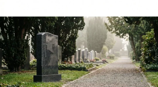 Pierre tombale traditionnelle en granit sombre dans un cimetière paisible, entourée de verdure, illustrant un choix intemporel en 2024
