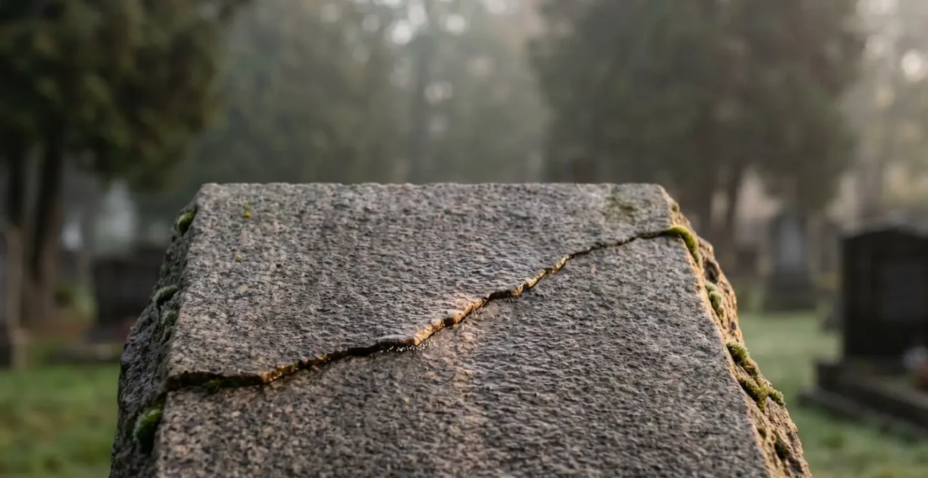 Gros plan artistique sur une fissure fine traversant une pierre tombale en granit, symbolisant l'urgence d'une reparation avant l'aggravation.