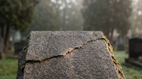 Gros plan artistique sur une fissure fine traversant une pierre tombale en granit, symbolisant l'urgence d'une reparation avant l'aggravation.