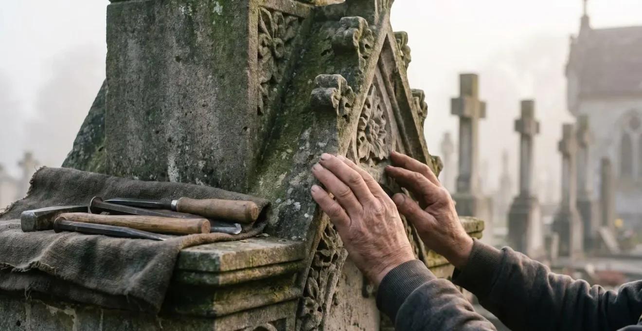 Artisan restaurateur examinant avec précision la pierre sculptée d'un monument funéraire ancien classé, dans un cimetière historique au petit matin