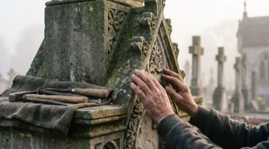 Artisan restaurateur examinant avec précision la pierre sculptée d'un monument funéraire ancien classé, dans un cimetière historique au petit matin