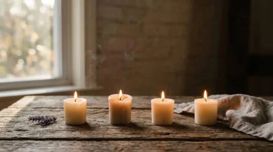 Quatre bougies allumées disposées avec soin, symbolisant les rendez-vous saisonniers de recueillement choisis plutôt que subis
