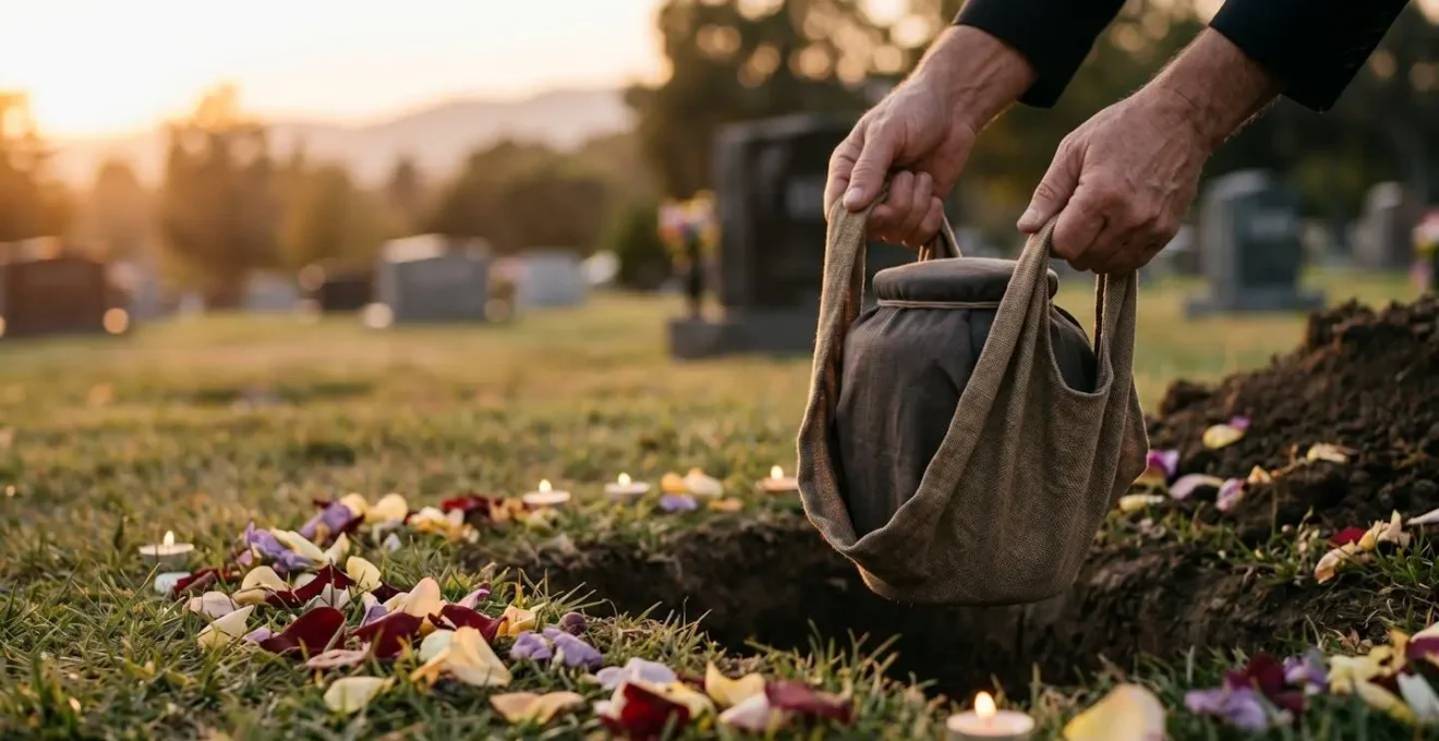 Mains déposant délicatement une urne funéraire enveloppée d'un tissu précieux dans une fosse entourée de fleurs et de bougies, lumière douce de fin de journée