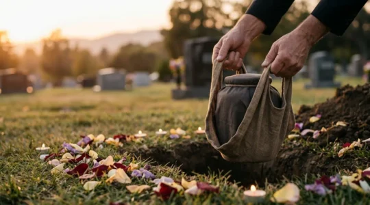 Mains déposant délicatement une urne funéraire enveloppée d'un tissu précieux dans une fosse entourée de fleurs et de bougies, lumière douce de fin de journée
