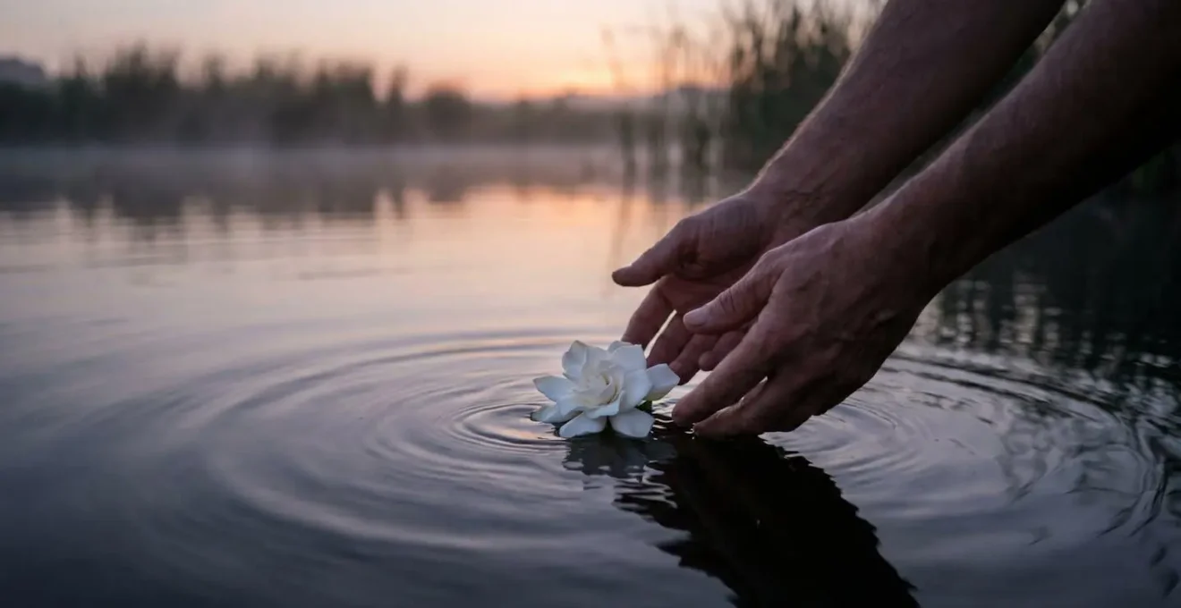Mains déposant délicatement une fleur blanche sur une surface d'eau calme, symbolisant le premier geste du deuil