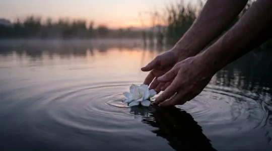 Mains déposant délicatement une fleur blanche sur une surface d'eau calme, symbolisant le premier geste du deuil