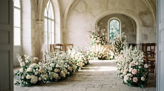 Composition florale scénographique guidant le regard vers un point central lumineux lors d'une cérémonie d'hommage