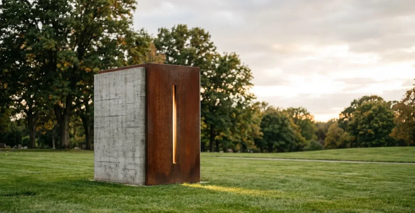 Monument funeraire contemporain en beton brut et acier, incarnant une vision esthetique avant-gardiste dans un cimetiere epure au crepuscule