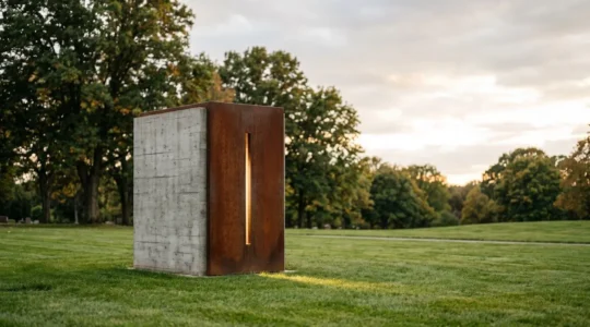 Monument funeraire contemporain en beton brut et acier, incarnant une vision esthetique avant-gardiste dans un cimetiere epure au crepuscule