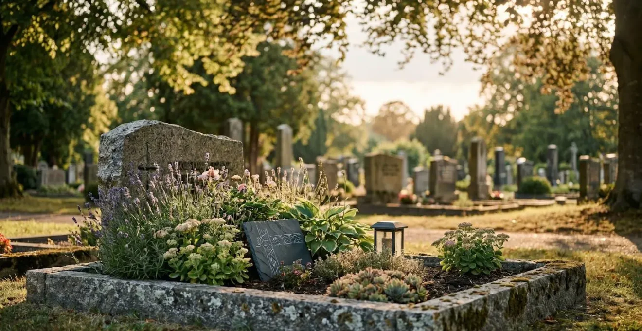 Tombe en pierre soigneusement entretenue et fleurie, baignée d'une lumière dorée dans un cimetière paisible