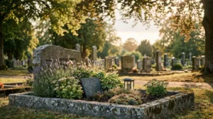 Tombe en pierre soigneusement entretenue et fleurie, baignée d'une lumière dorée dans un cimetière paisible