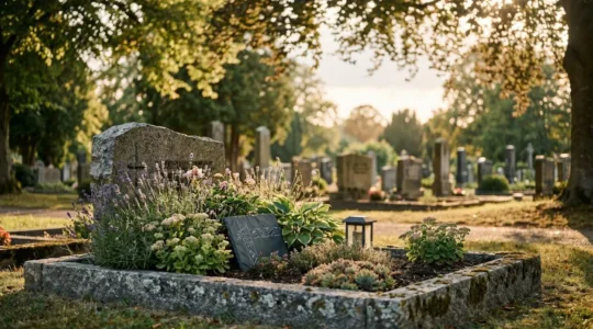 Tombe en pierre soigneusement entretenue et fleurie, baignée d'une lumière dorée dans un cimetière paisible