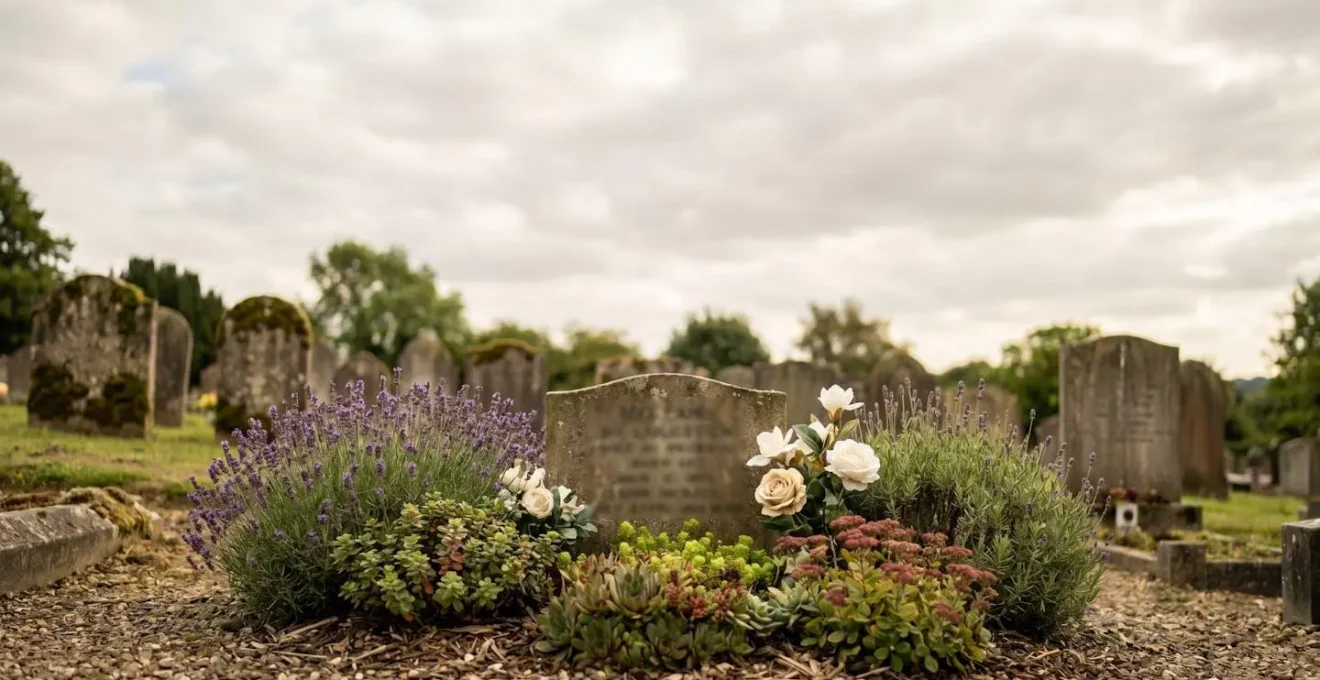 Vue large d'une sépulture soigneusement fleurie avec des plantes résistantes et des compositions durables, illustrant un entretien pérenne toute l'année.