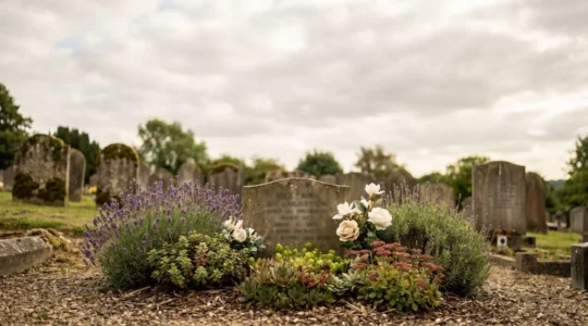 Vue large d'une sépulture soigneusement fleurie avec des plantes résistantes et des compositions durables, illustrant un entretien pérenne toute l'année.