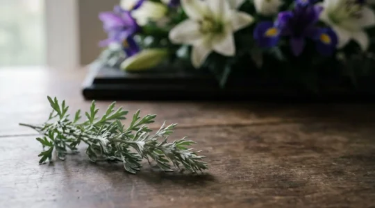 Brin d'absinthe argente pose delicatement pres d'une composition florale de deuil, symbolisant l'amertume de l'absence