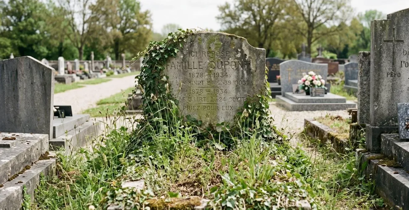 Tombe abandonnée dans un cimetière français avec végétation envahissante et inscriptions effacées, contrastant avec une allée entretenue en arrière-plan