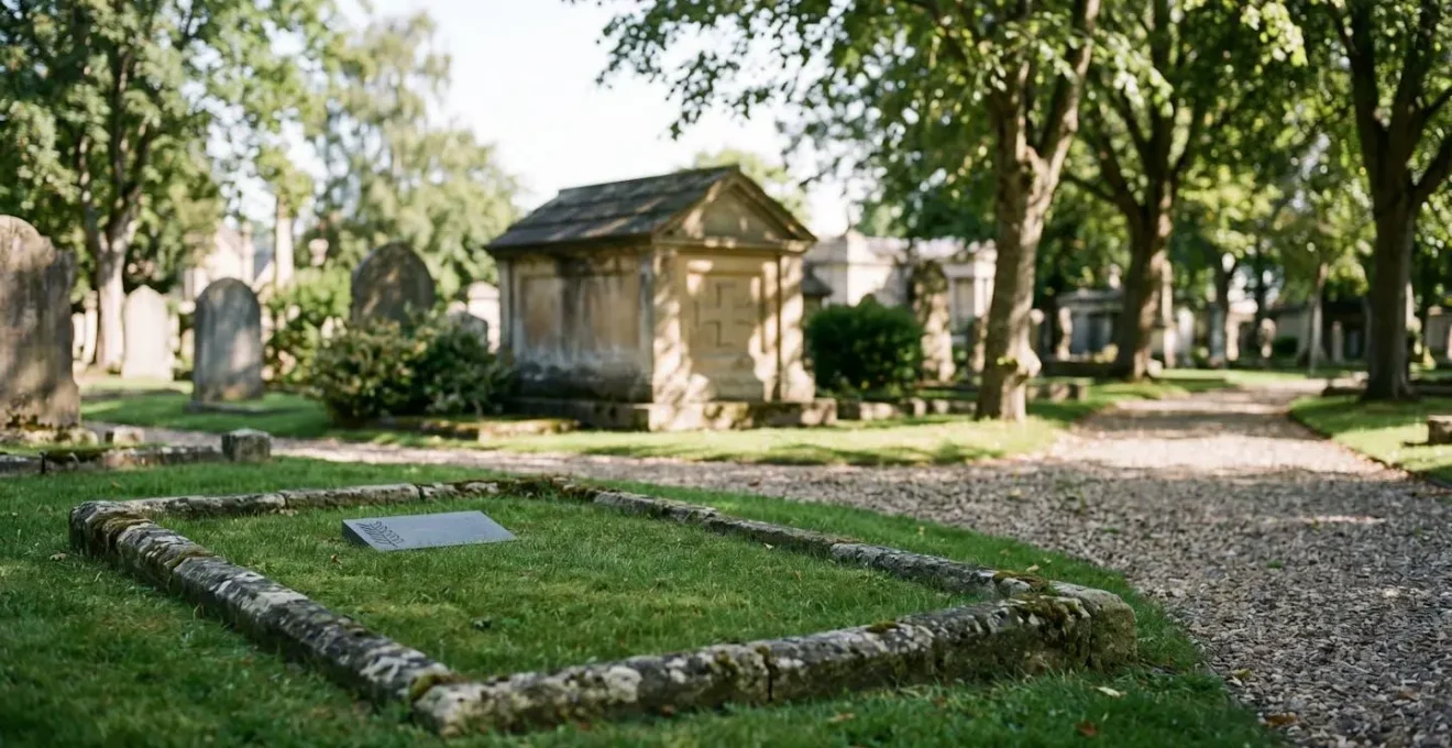 Tombe en pleine terre entouree de verdure dans un cimetiere paisible, symbolisant le choix entre simplicite naturelle et caveau traditionnel