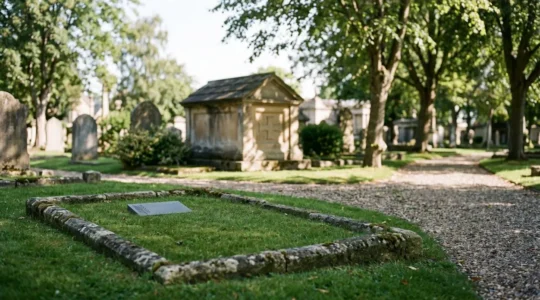 Tombe en pleine terre entouree de verdure dans un cimetiere paisible, symbolisant le choix entre simplicite naturelle et caveau traditionnel