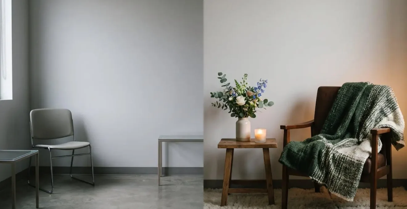 Salon funéraire baigné de lumière douce, transformé en espace intime et chaleureux avec un fauteuil, un plaid et une lumière tamisée