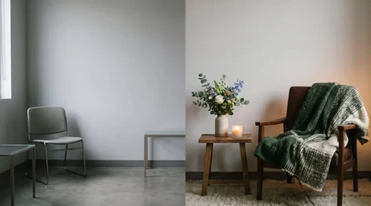 Salon funéraire baigné de lumière douce, transformé en espace intime et chaleureux avec un fauteuil, un plaid et une lumière tamisée