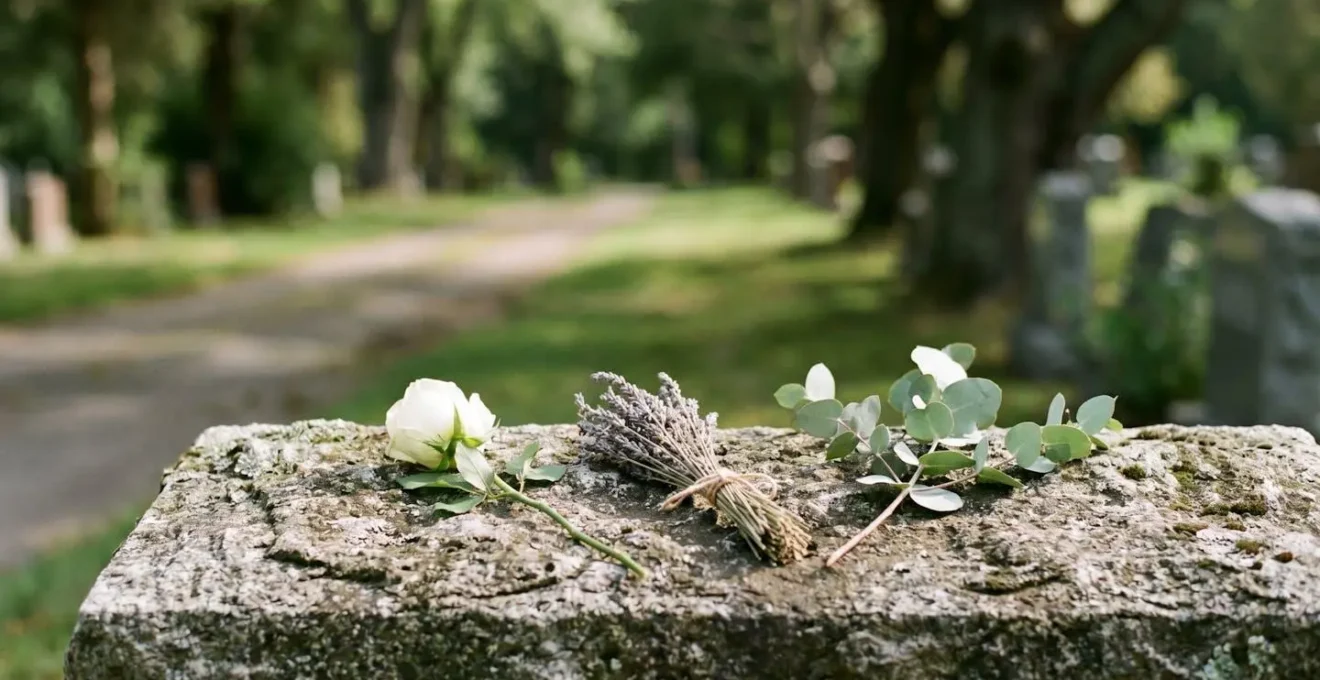 Trois bouquets de fleurs différents posés sur une même pierre tombale en granit, symbolisant trois hommages distincts au sein d'une sépulture partagée