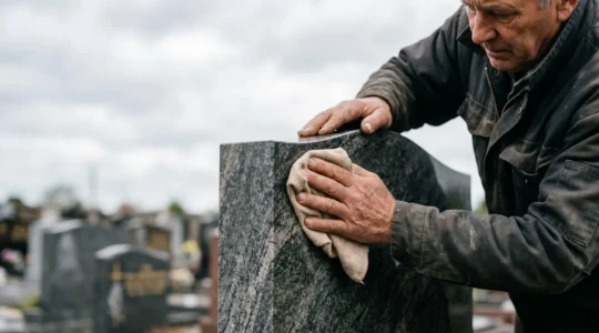 Mains d'un professionnel funéraire inspectant soigneusement une pierre tombale en granit avant la signature d'un contrat d'entretien
