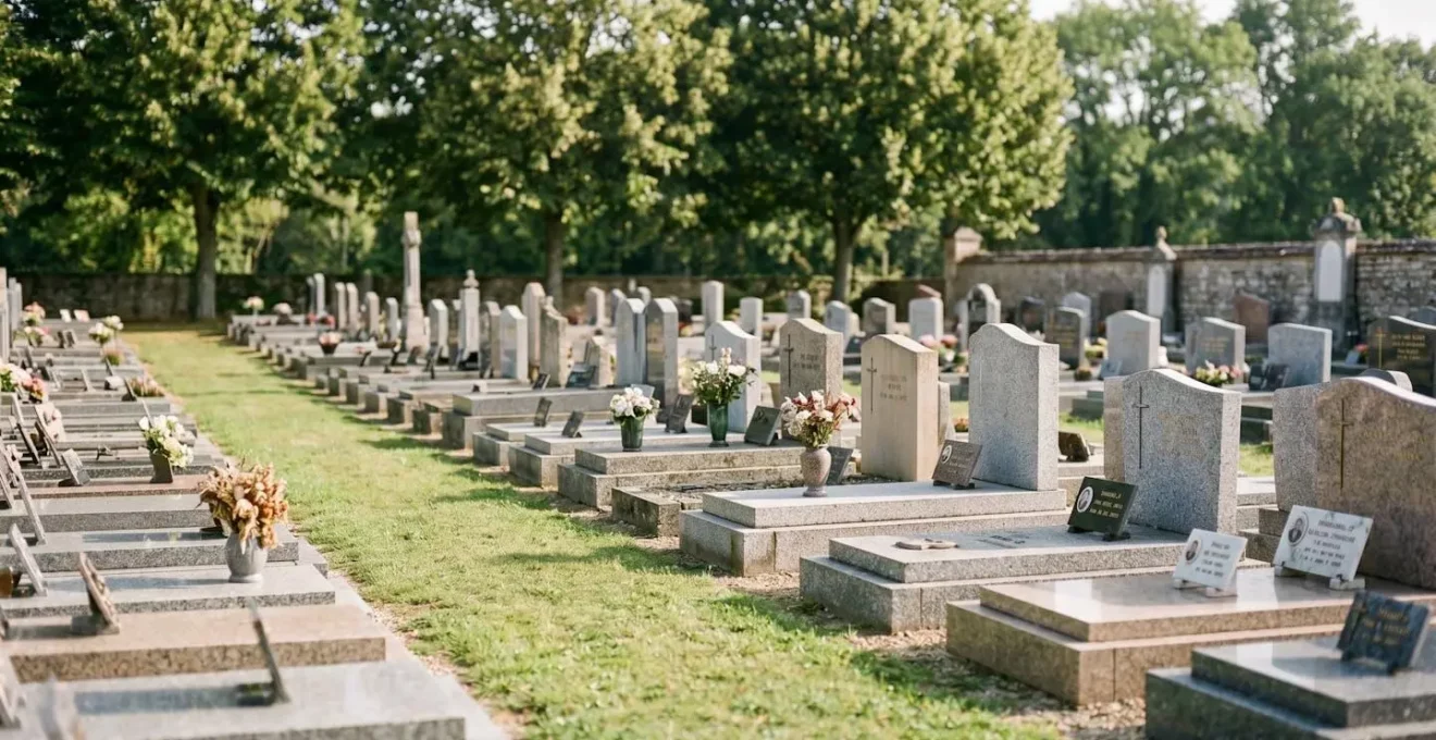 Vue d'ensemble d'un cimetière français contemporain avec allées de tombes en pierre et végétation entretenue, dans une atmosphère paisible et digne