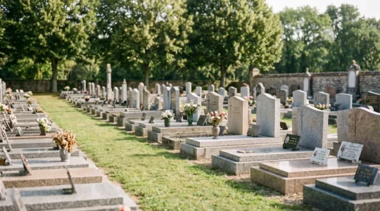 Vue d'ensemble d'un cimetière français contemporain avec allées de tombes en pierre et végétation entretenue, dans une atmosphère paisible et digne